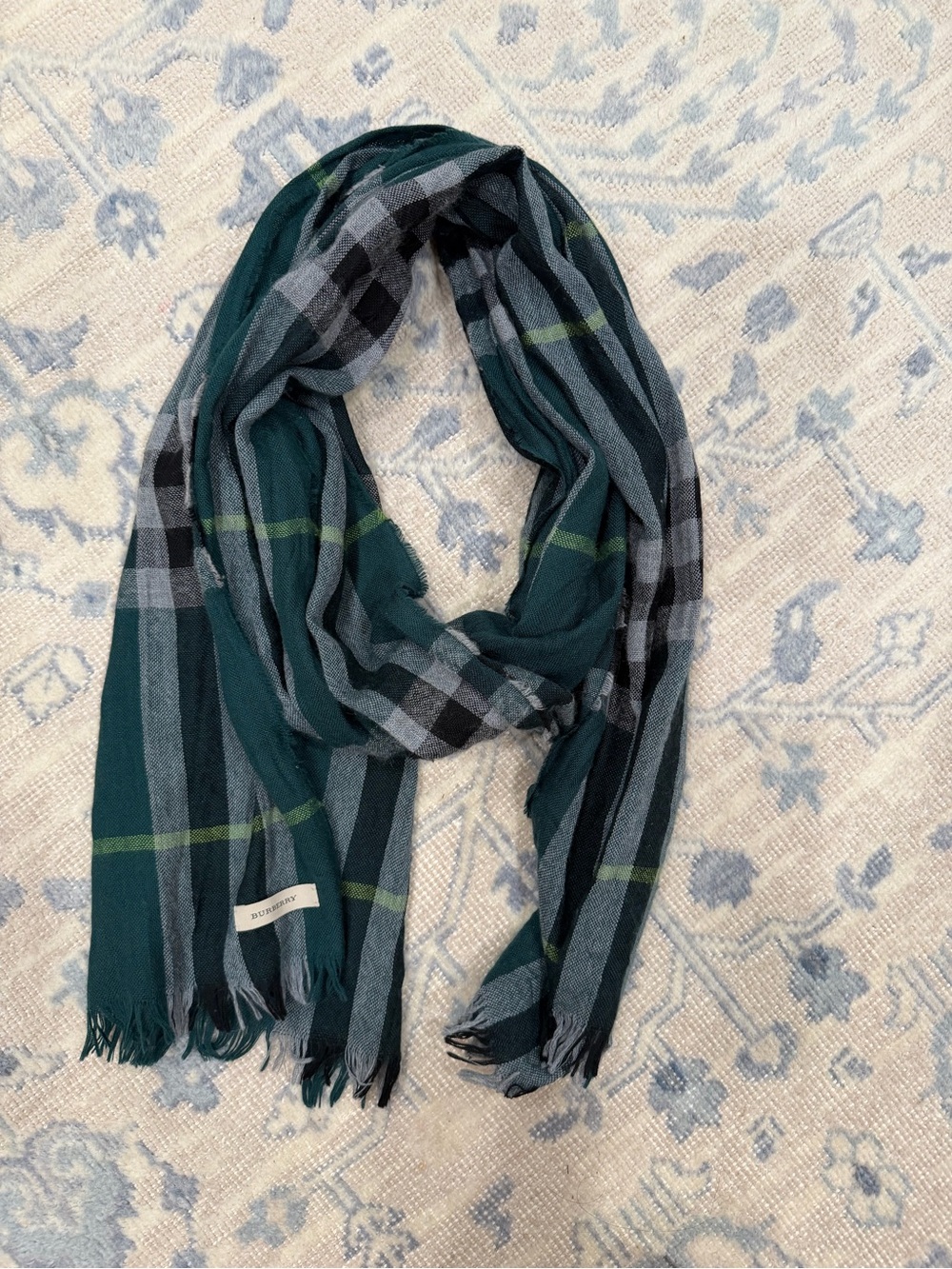 Burberry Green, Gray & Black Plaid Lightweight Scarf